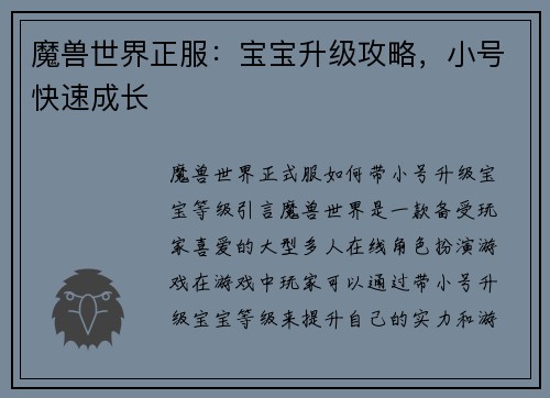 魔兽世界正服：宝宝升级攻略，小号快速成长